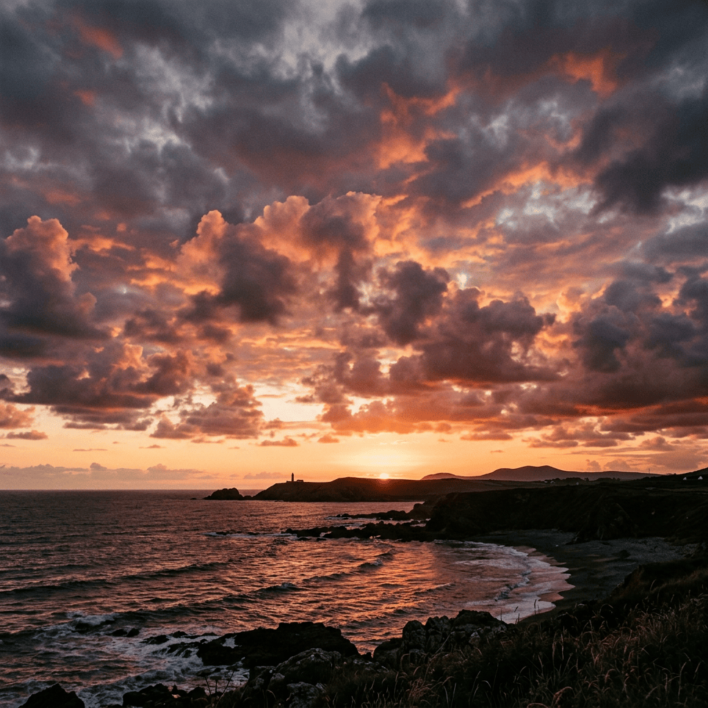 Sunset over a rocky coastline with dramatic clouds and ocean waves