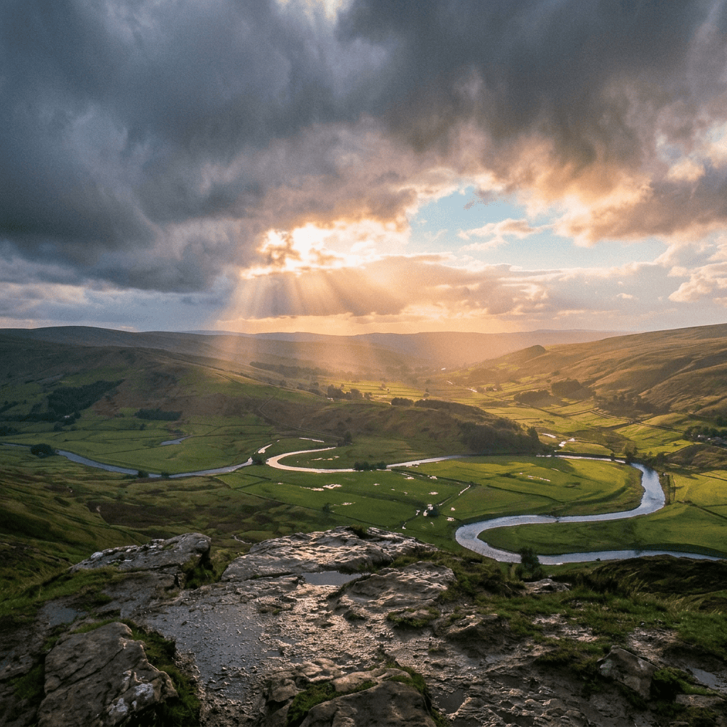 Hiker overlooking a winding river valley beneath sunlit storm clouds